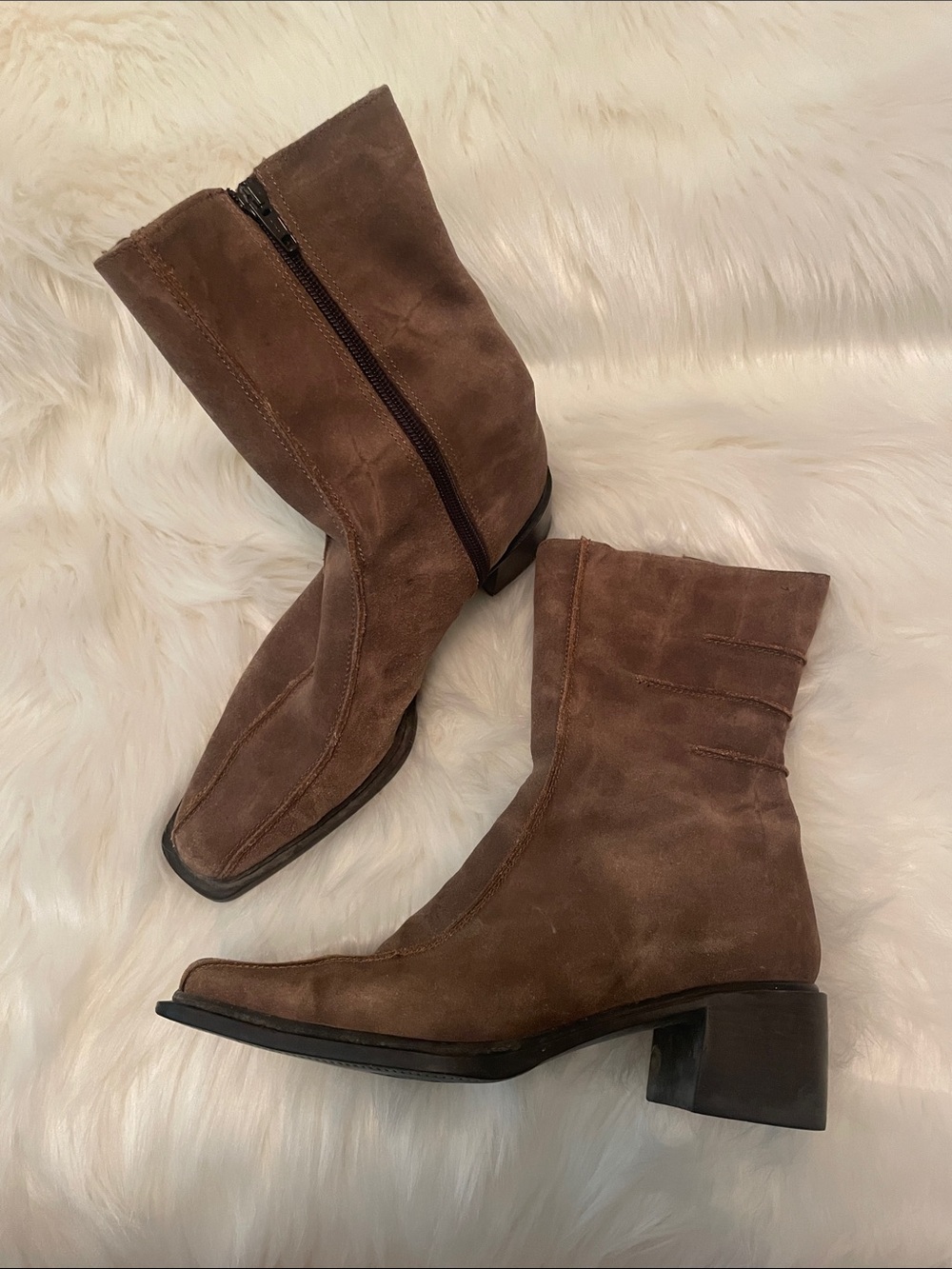 ELLE - Women's Brown Suede Ankle Boots with Block Heel - 35